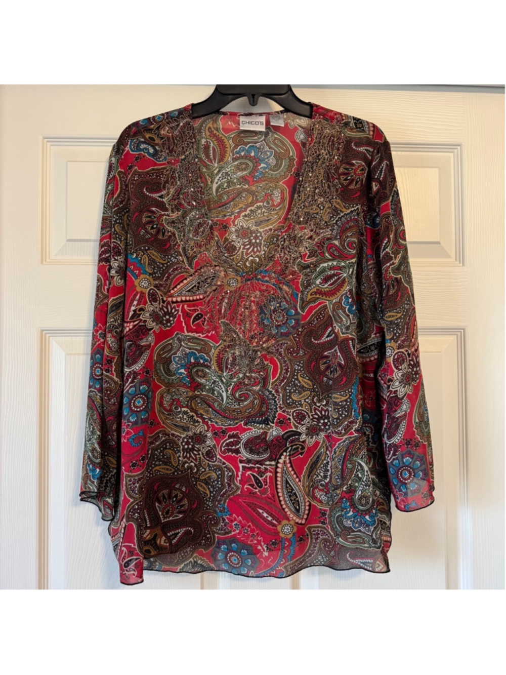 Women's Chico's 100% Silk Embellished Blouse, Size 2, Red & Brown Paisley